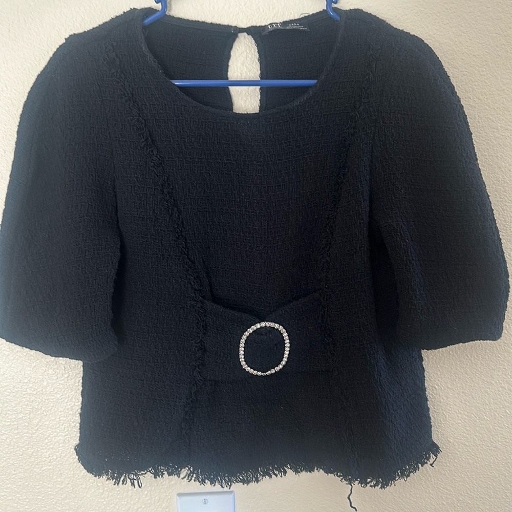 Zara Black Tweed Diamond Buckle Blouse Top 1/2 Sleeve Size XS